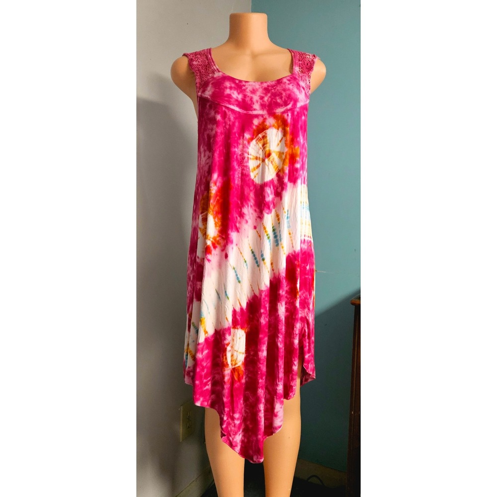 Tie Dye‎ Handkerchief Dress Womens Medium Pink Crochet Lace Boho Beach